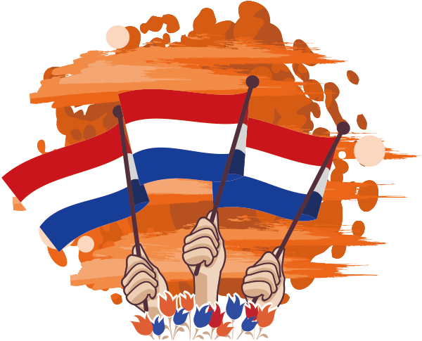 네덜란드 국기를 든 세개의 손과 튤립이미지