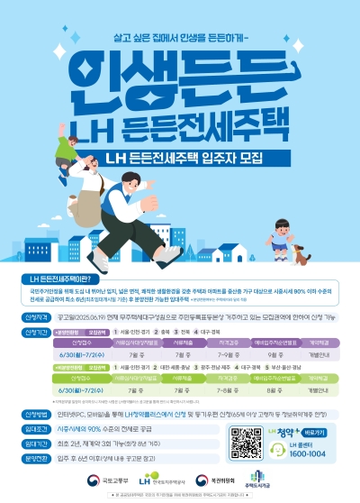 LH, 30일부터 든든전세 및 신혼·신생아 매입임대주택 1,713호 청약 접수 시작