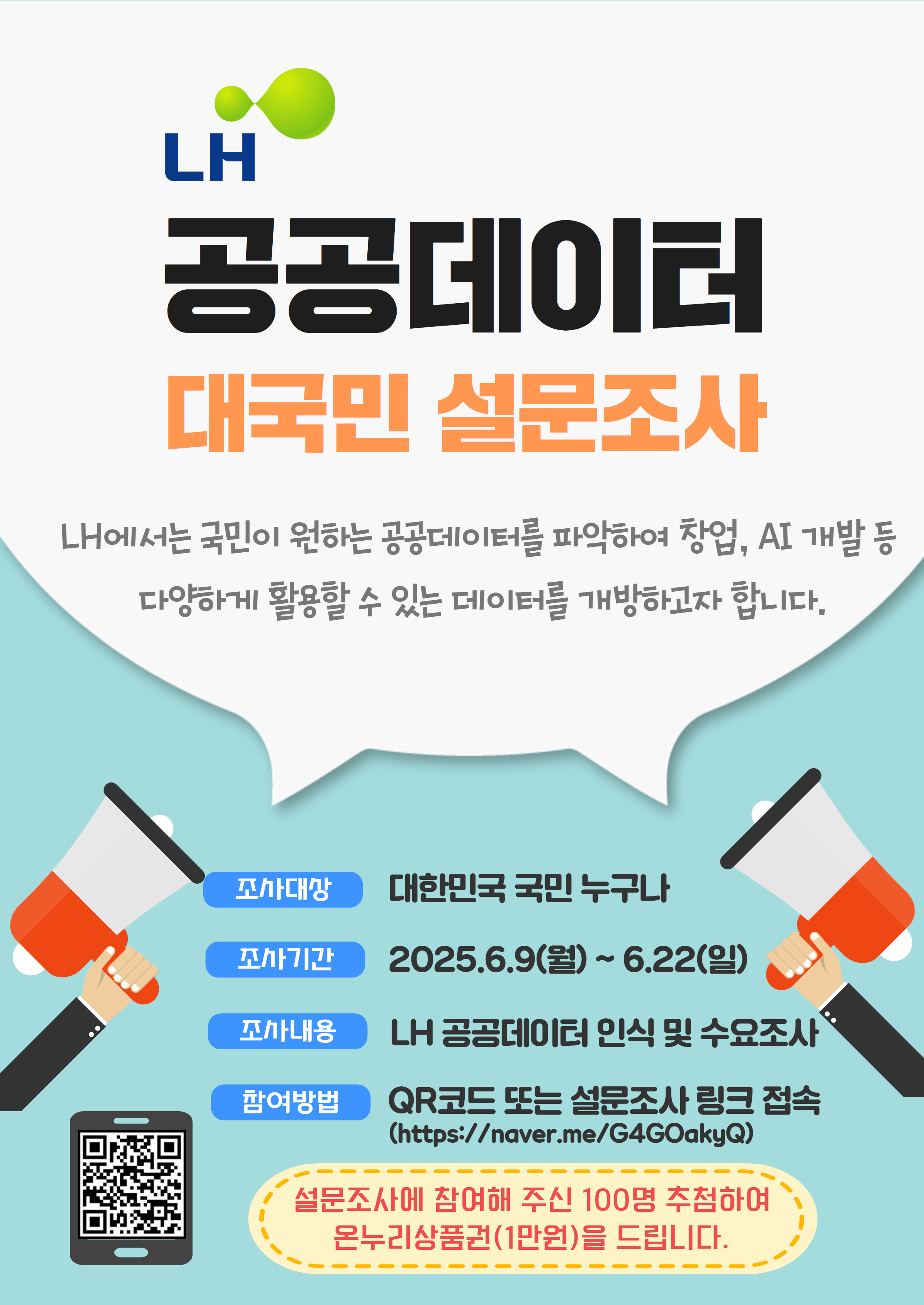 제목: LH공공데이터 대국민 설문조사 / 안내:LH에서는 국민이 원하는 공공데이터를 파악하여 창업,AI개발 등 다양하게 활용할 수 있는 데이터를 개방하고자 합니다. / 조사대상:대한민국 국민누구나 / 조사기간: 2025년 6월9일(월) 부터 6월22일(일)까지 / 조사내용:LH공공데이터 인식 및 수요조사 / 참여방법:QR코드 또는 설문조사 링크접속(https://naver.me/G4GOakyQ) / 설문조사에 참여해 주신 100명 추첨하여 온누리상품권(1만원)을 드립니다.