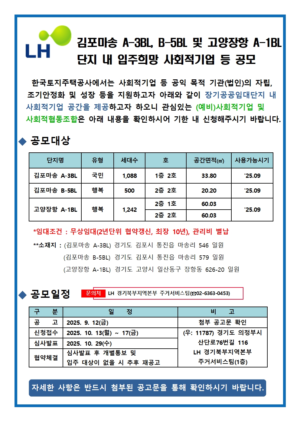 김포마송 A-3BL , B-5BL 및 고양장항 A-1BL 단지내 사회적기업 공간 입주희망 사회적기업 공모
한국토지주택공사에서는 사회적기업 등 공익 목적 기관(법인)의 자립, 조기안정화 및 성장 등을 지원하고자 아래와 같이 장기공공임대단지 내 사회적기업 공간을 제공하고자 하오니 관심있는 (예비)사회적기업 및 사회적협동조합은 아래 내용을 확인하시어 기한 내 신청해주시기 바랍니다.
공모대상
단지명 유형 세대수 호 공간면적(m²) 사용가능시기
김포마송 A-3BL 국민 1,088 1층 2호 33.80 '25.09
김포마송 B-5BL 행복 500 2층 2호 20.20 '25.09
고양장항 A-1BL 행복 1,242 2층 1호 60.03 2층 2호 60.03 '25.09
*임대조건 : 무상임대(2년단위 협약갱신, 최장 10년), 관리비 별납
**소재지 : 
(김포마송 A-3BL) 경기도 김포시 통진읍 마송리 546 일원
(김포마송 B-5BL) 경기도 김포시 통진읍 마송리 579 일원
(고양장항 A-1BL) 경기도 고양시 일산동구 장항동 626-20 일원
공모일정 문의처 LH 경기북부지역본부 주거서비스팀(☎02-6363-0453)
구분 일정 비고
공고 2025.9.12(금) 첨부 공고문 확인
신청접수 2025.10.13(월)~17(금)
심사발표 2025.10.29(수)
(우: 11787) 경기도 의정부시 산단로 76번길 116 LH경기북부지역본부 주거서비스팀(1층)
협약체결 심사발표 후 개별통보 및 입주 대상이 없을 시 추후 재공고
자세한 사항은 반드시 첨부된 공고문을 통해 확인하시기 바랍니다.