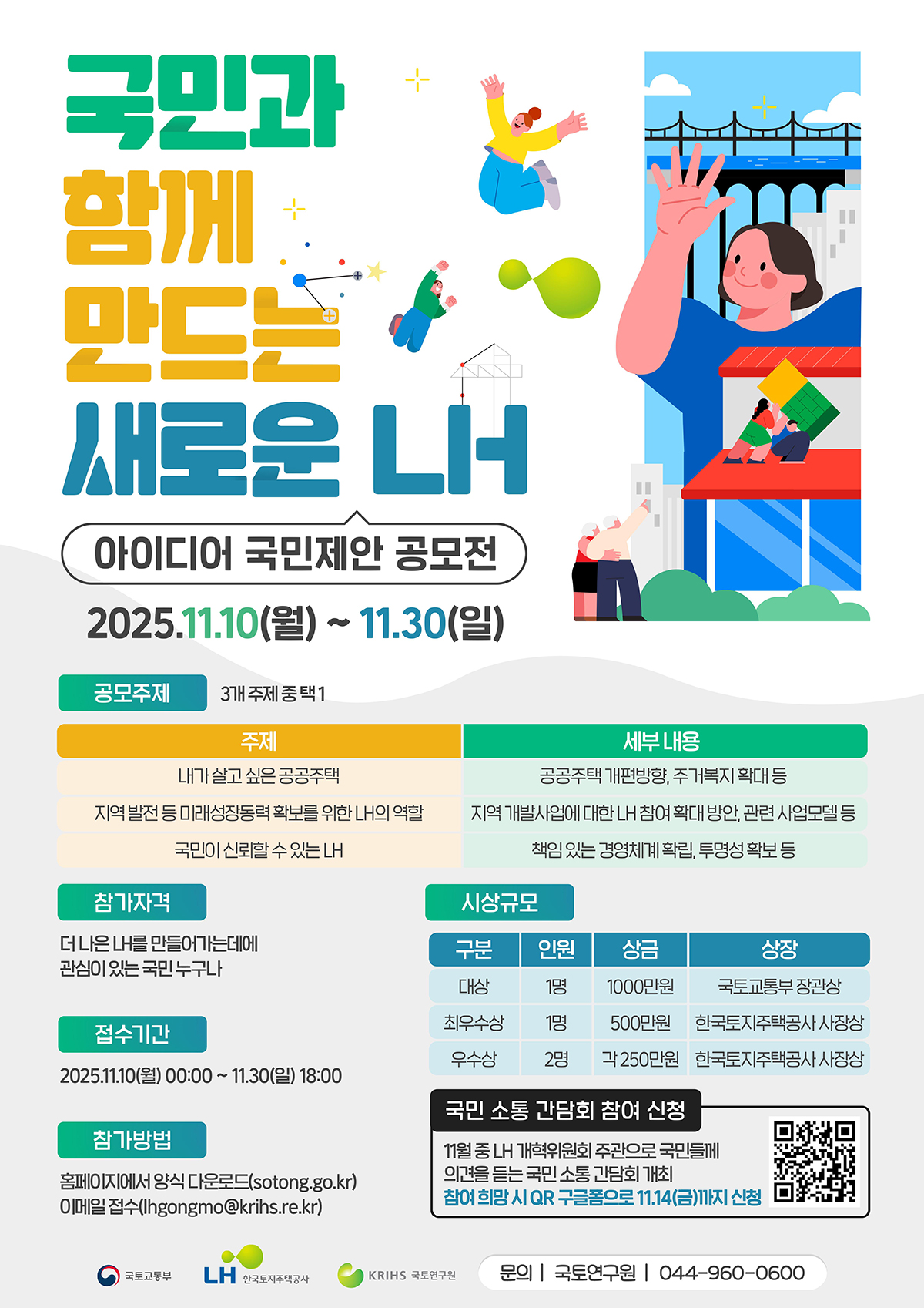 국민과 함께 만드는 새로운 LH
아이디어 국민제안 공모전
2025.11.10(월)~11.30(일)
공모주제 3개 주제 중 택1
주제-세부내용 순으로 나열
:내가 살고 싶은 공공주택-공공주택 개편방향, 주거복지 확대 등
:지역 발전 등 미래 성장동력 확보를 위한 LH의 역할-지역 개발사업에 대한 LH참여 확대 방안, 관련 사업모델 등
:국민이 신뢰할 수 있는 LH-책임 있는 경영체계 확립, 투명성 확보 등
참가자격 - 더 나은 LH를 만들어가는데에 관심이 있는 국민 누구나
접수기간-2025.11.10(월)00:00~11.30(일)18:00
참가방법-홈페이지에서 양식 다운로드(sotong.go.kr)
이메일 접수(lhgongmo@krihs.re.kr)
시상규모(구분/인원/상금/상장 순 나열)
대상/1명/1000만원/국토교통부 장관상
최우수상/1명/500만원/한국토지주택공사 사장상
우수상/2명/각250만원/한국토지주택공사 사장상
국민 소통 간담회 참여 신청
11월 중 LH 개혁위원회 주관으로 국민들께 의견을 듣는 국민 소통 간담회 개최
참여 희망 시 QR 구글폼으로 11.14(금)까지 신청
QR코드 바로가기 (https://docs.google.com/forms/d/e/1FAlpQLScHNnrdSRO6jmkQrMXcDpym5ltpbwFF1zKCjujbUJ3iTA0CMw/viewform?usp=send_form)
국토교통부CI, LH한국토지주택공사 CI, KRIHS 국토연구원 CI 
문의:국토연구원 044-960-0600